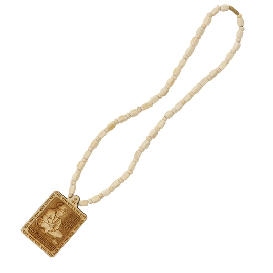 Wooden Hanuman pendant mala by Wukusy, featuring intricately carved wooden beads and a detailed Hanuman figure.