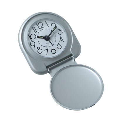 Compact foldable travel alarm clock by Wukusy showing a sleek black design with digital display and foldable cover.