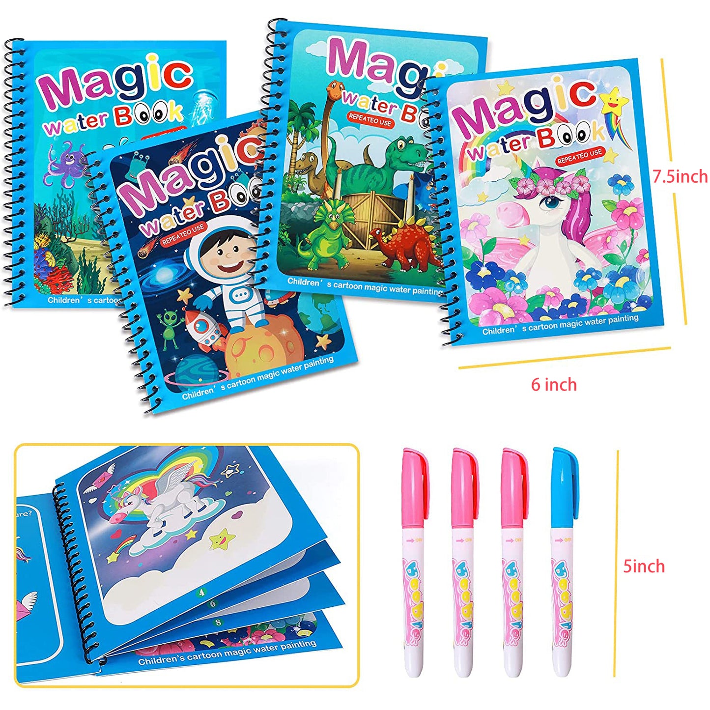 Wukusy Magic Water Coloring Book for kids with magic pen and painting board, featuring quick-dry water-based doodle pages for imaginative play.