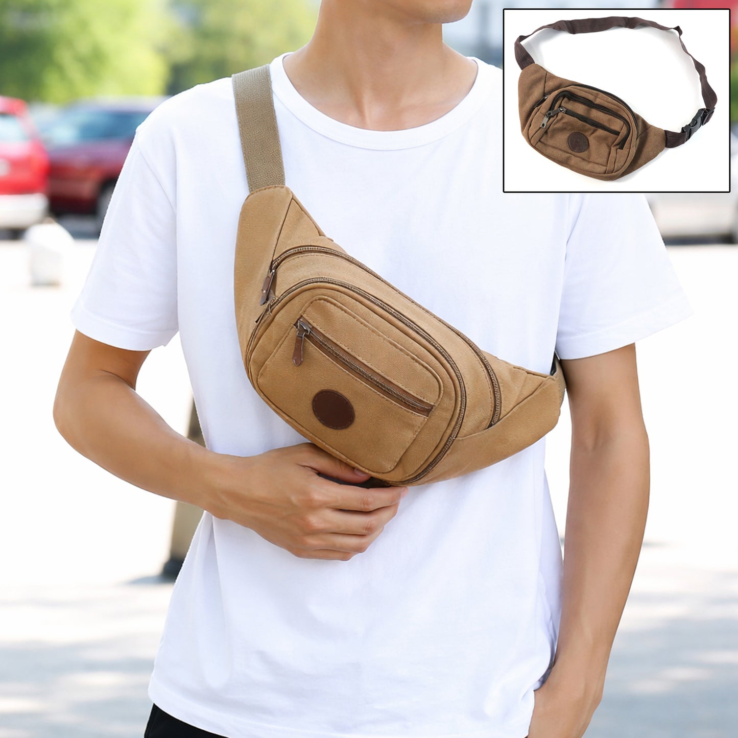 Stylish Wukusy canvas waist bag for men and women, showing front view with adjustable strap and compact storage design.