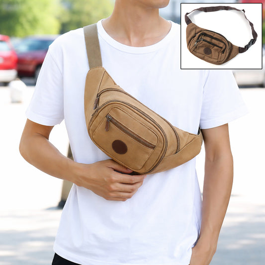 Stylish Wukusy canvas waist bag for men and women, showing front view with adjustable strap and compact storage design.