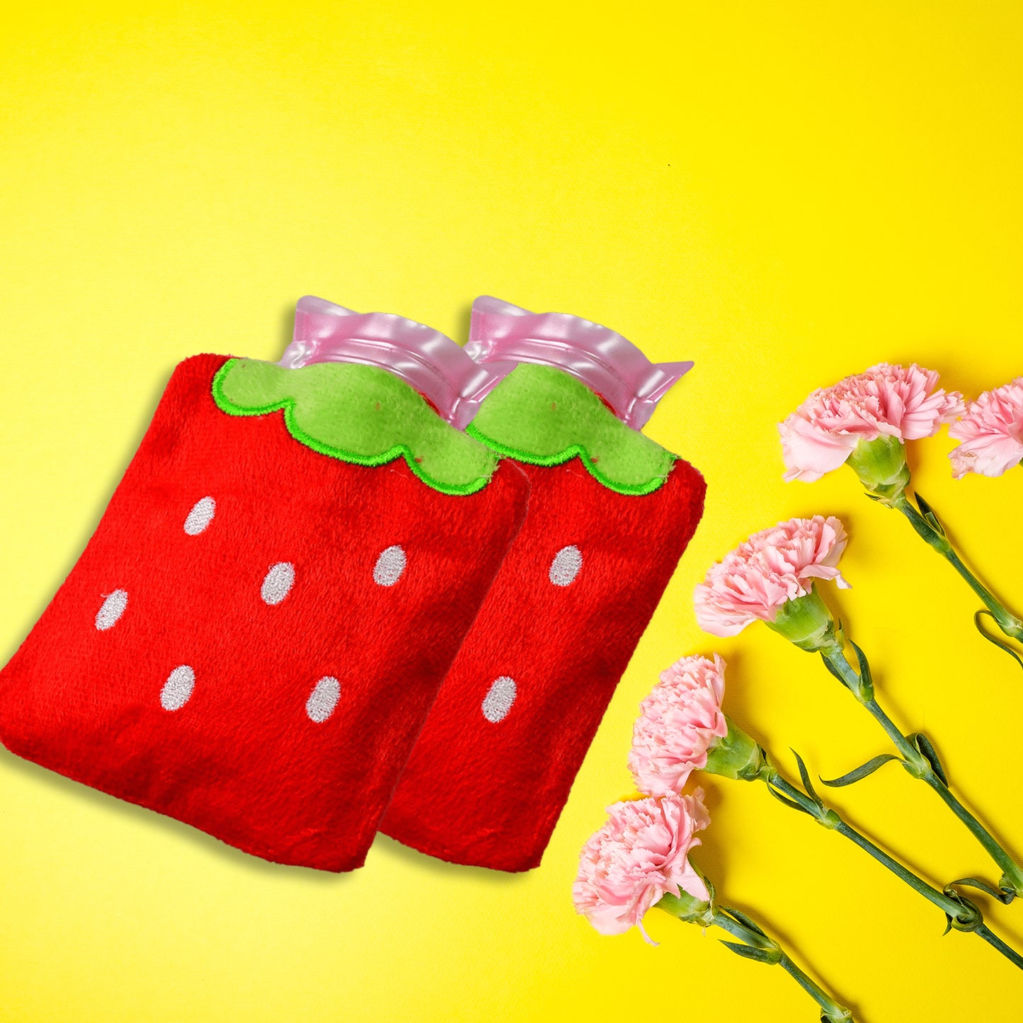 Wukusy 6516 Strawberry hot water bag with cover for pain relief, neck, shoulder, hand, foot warmer, and menstrual cramps.