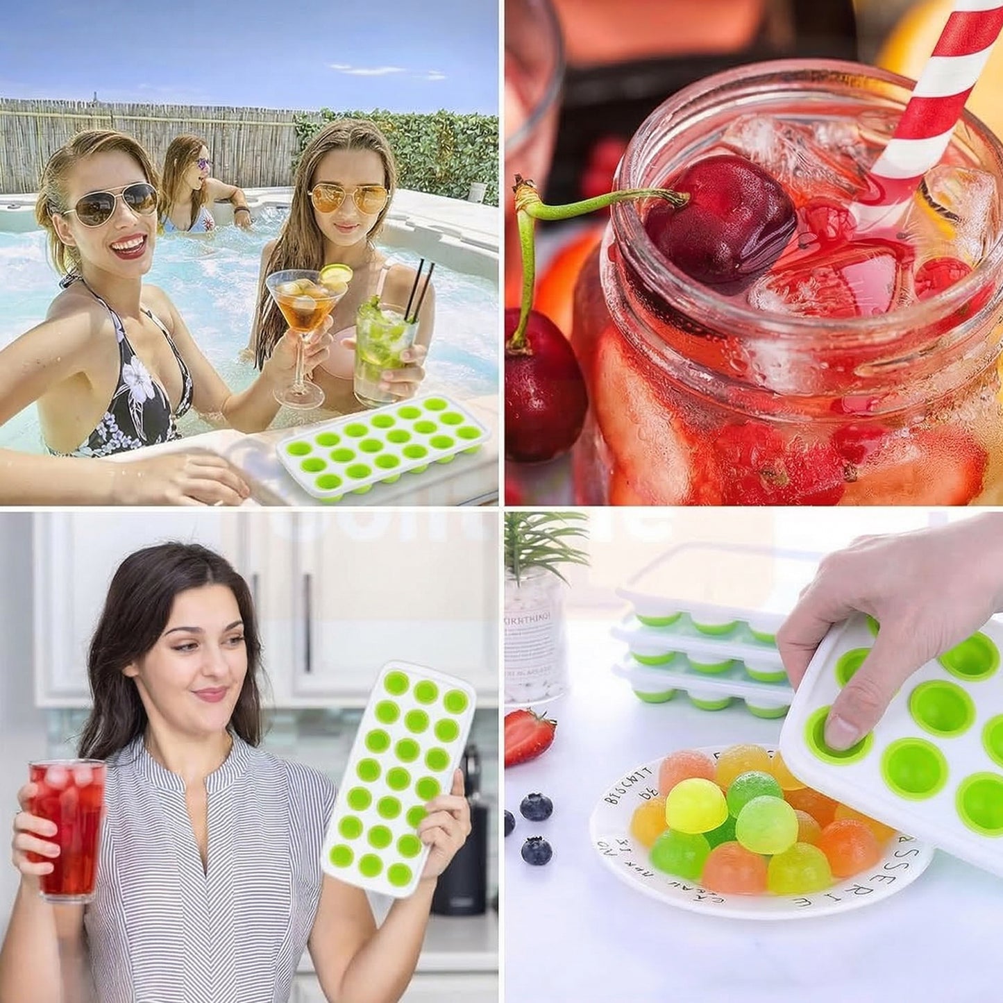 Wukusy 21-grid plastic round ice cube tray with lid, showing clear tray with round ice cubes and removable lid.