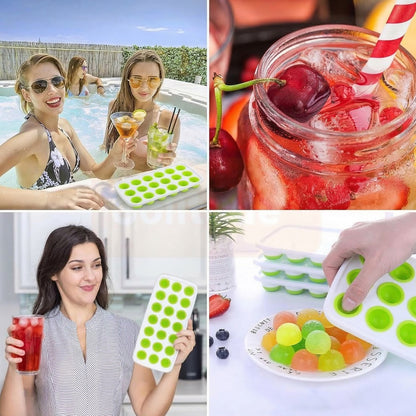 Wukusy 21-grid plastic round ice cube tray with lid, showing clear tray with round ice cubes and removable lid.