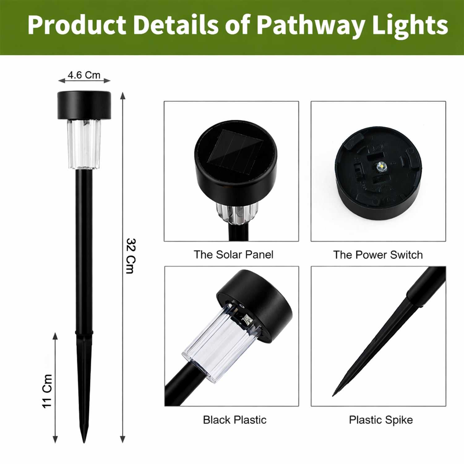 Set of 12 solar-powered lawn pathway lights by Wukusy, with sleek black fixtures and integrated solar panels for outdoor lighting.