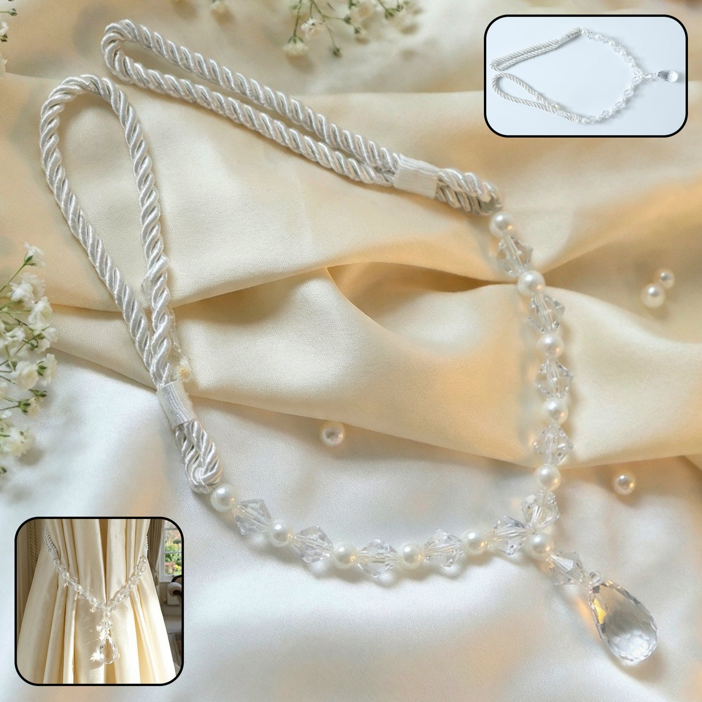 Wukusy luxury crystal and pearl beaded curtain tieback with sparkling beads and elegant design, perfect for decorative window accents