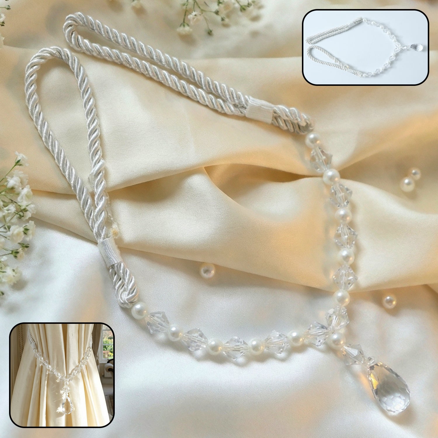 Wukusy luxury crystal and pearl beaded curtain tieback with sparkling beads and elegant design, perfect for decorative window accents