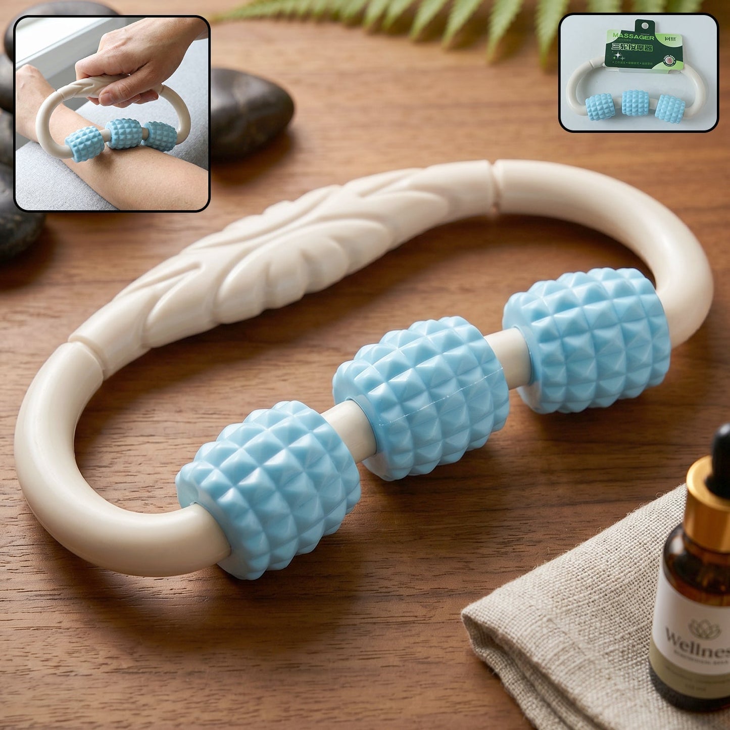 Wukusy handheld 3-roller body massager ring for muscle relaxation, shown in use on arms and legs.