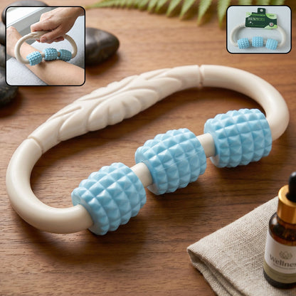 Wukusy handheld 3-roller body massager ring for muscle relaxation, shown in use on arms and legs.