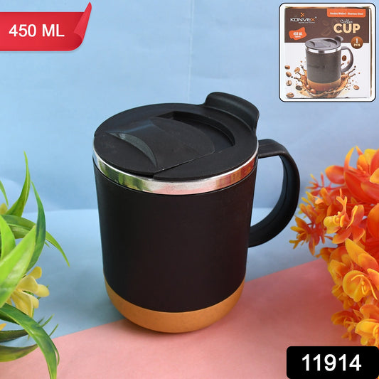 Wukusy insulated coffee mug with spill-proof lid, 450ml capacity, in stainless steel with black finish, suitable for hot beverages.
