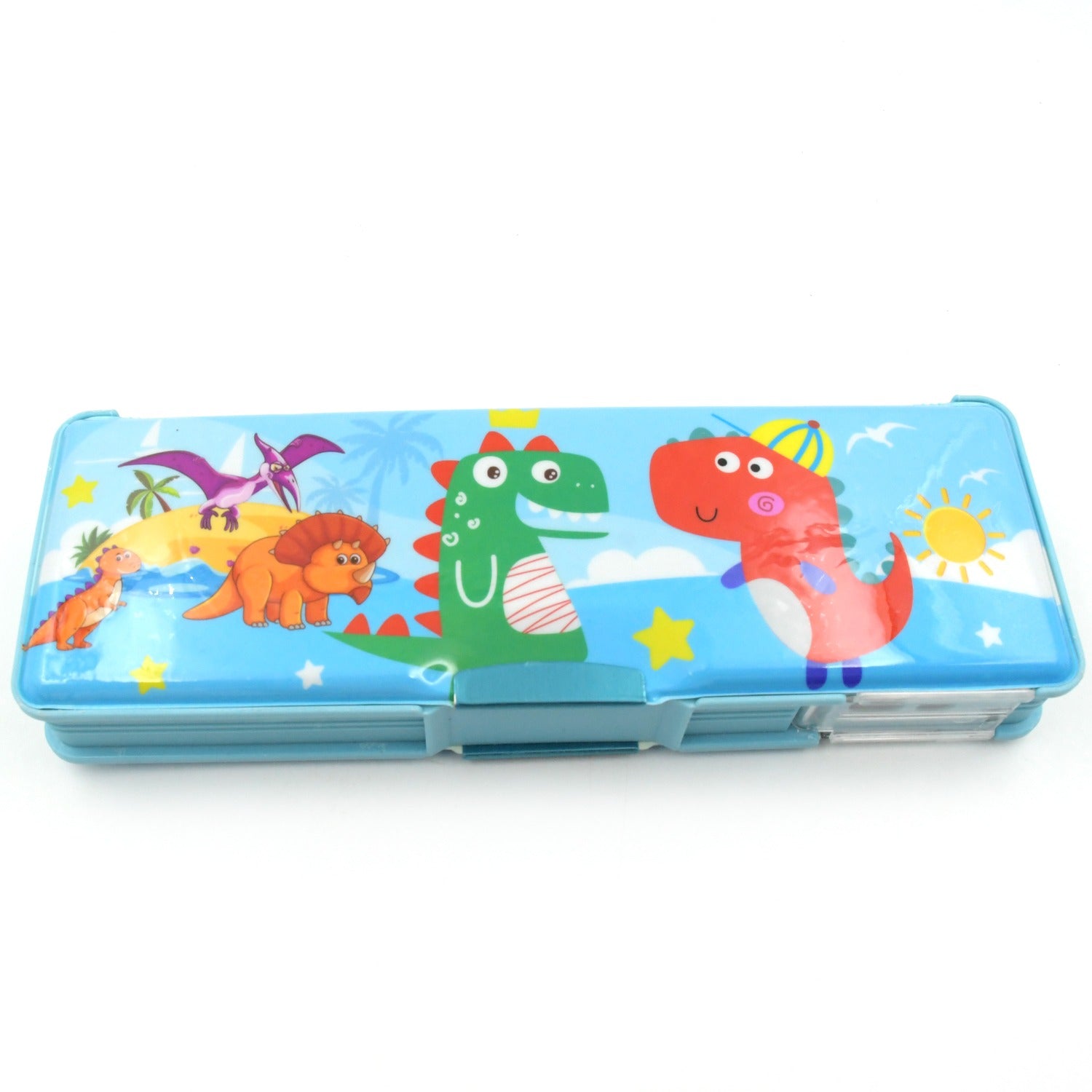 Wukusy multipurpose plastic compass box with double compartments, cartoon printed pencil case for school storage and organization.
