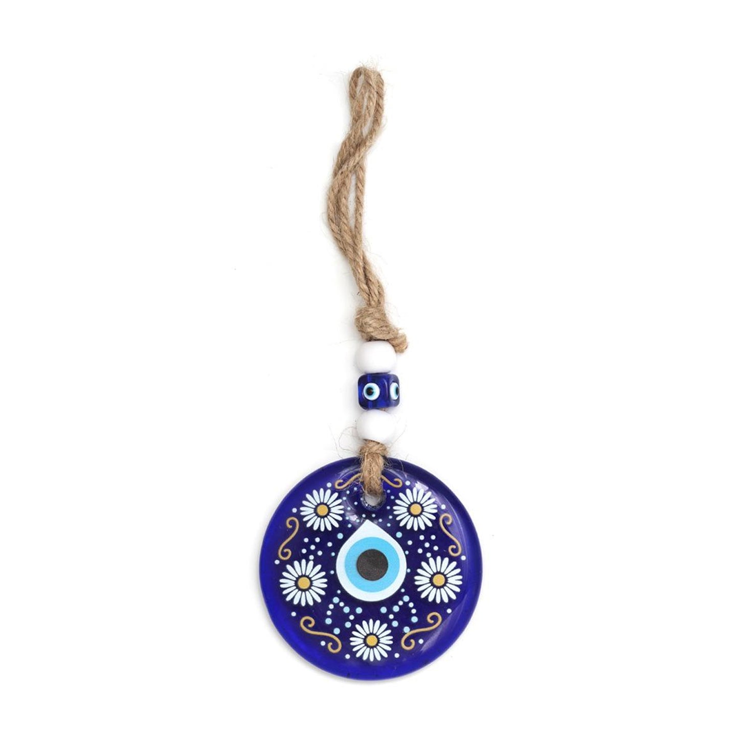 Decorative evil eye wall hanging with beads and wind chime by Wukusy, featuring a Nazar protector charm for home decor.