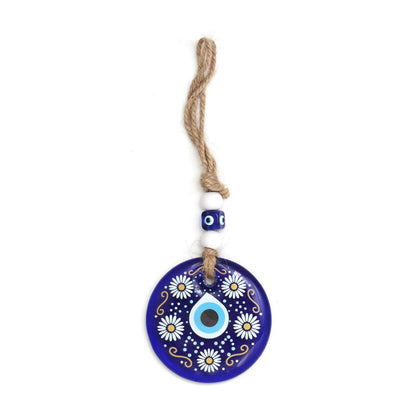 Decorative evil eye wall hanging with beads and wind chime by Wukusy, featuring a Nazar protector charm for home decor.