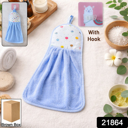 Wukusy soft hanging hand towel on self-adhesive wall hook, showcasing convenient bathroom or kitchen organizer.