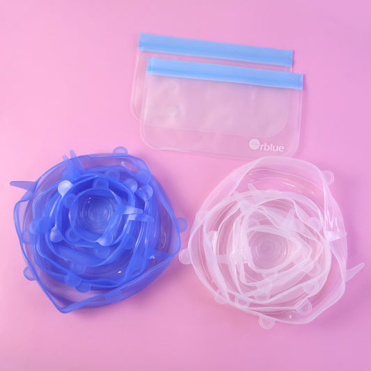 Wukusy 12-pack reusable flexible food cover lids with two storage pouches, designed to seal bowls and containers effectively.