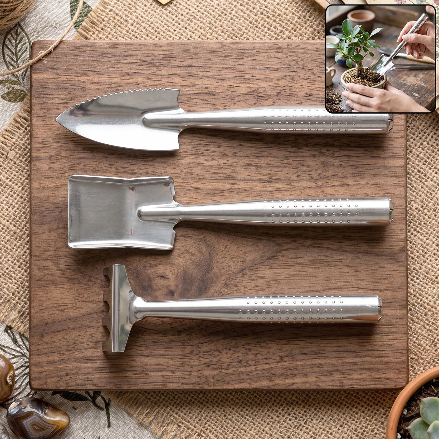 Wukusy stainless steel 3-in-1 garden hand tool set with spade, rake, and fork, ideal for gardening tasks and planting.