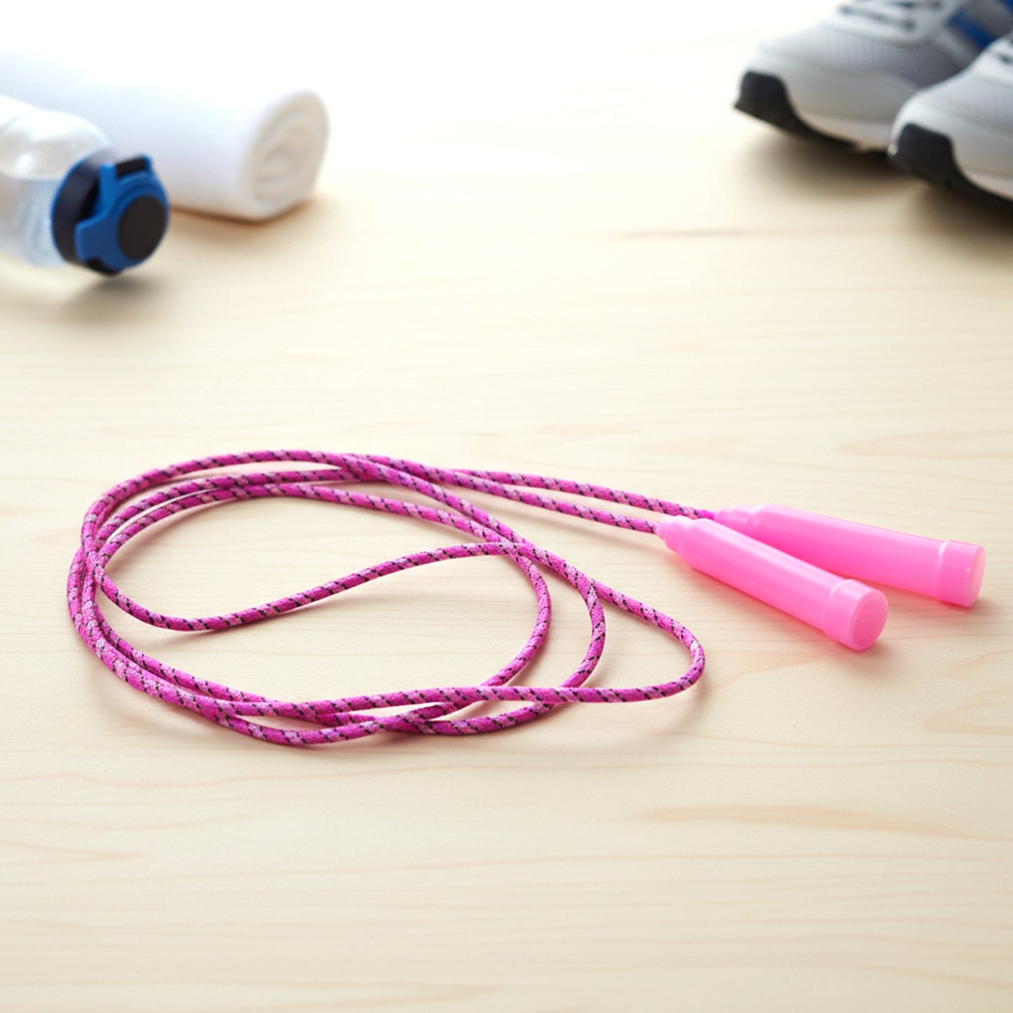 Wukusy kids and adults fitness skipping rope with black handles and red rope for cardio exercise and fun workouts.