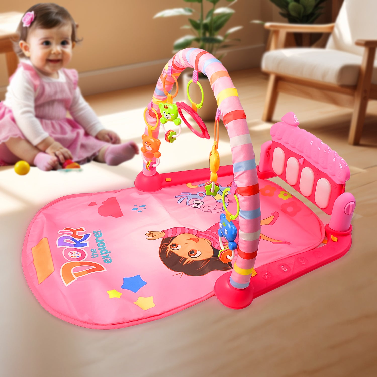 Wukusy 2-in-1 baby kick and play piano gym mat with colorful toys and fitness rack for infants and toddlers.
