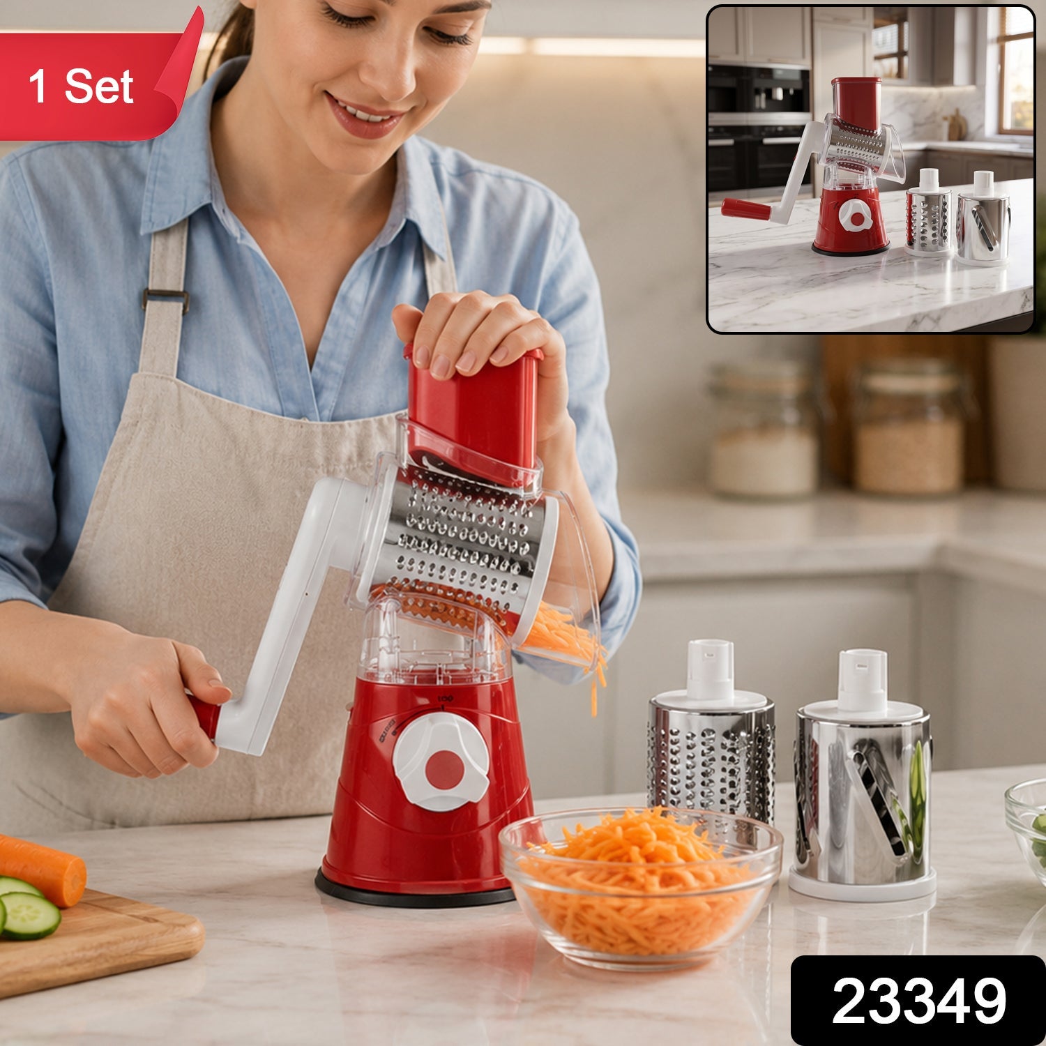 Wukusy manual rotary drum grater and slicer with three stainless steel drums for vegetables and cheese.