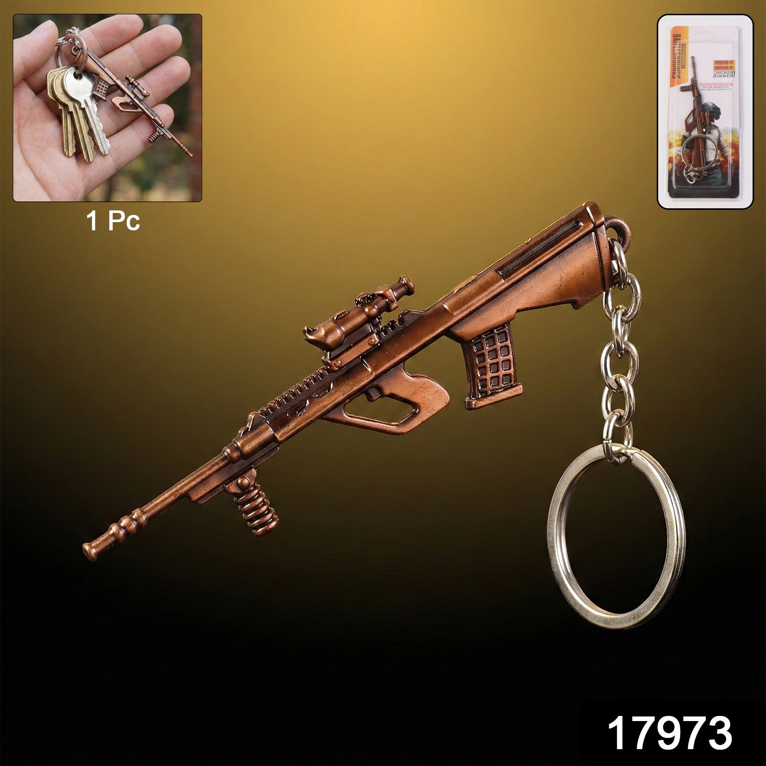 Metal gun-shaped keychain from Wukusy with detailed gun design, attached to a keyring for everyday use.