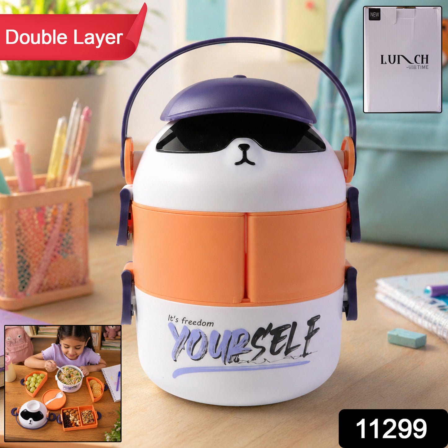 Cute cartoon double layer lunch box by Wukusy with colorful design, featuring two compartments for easy meal storage.