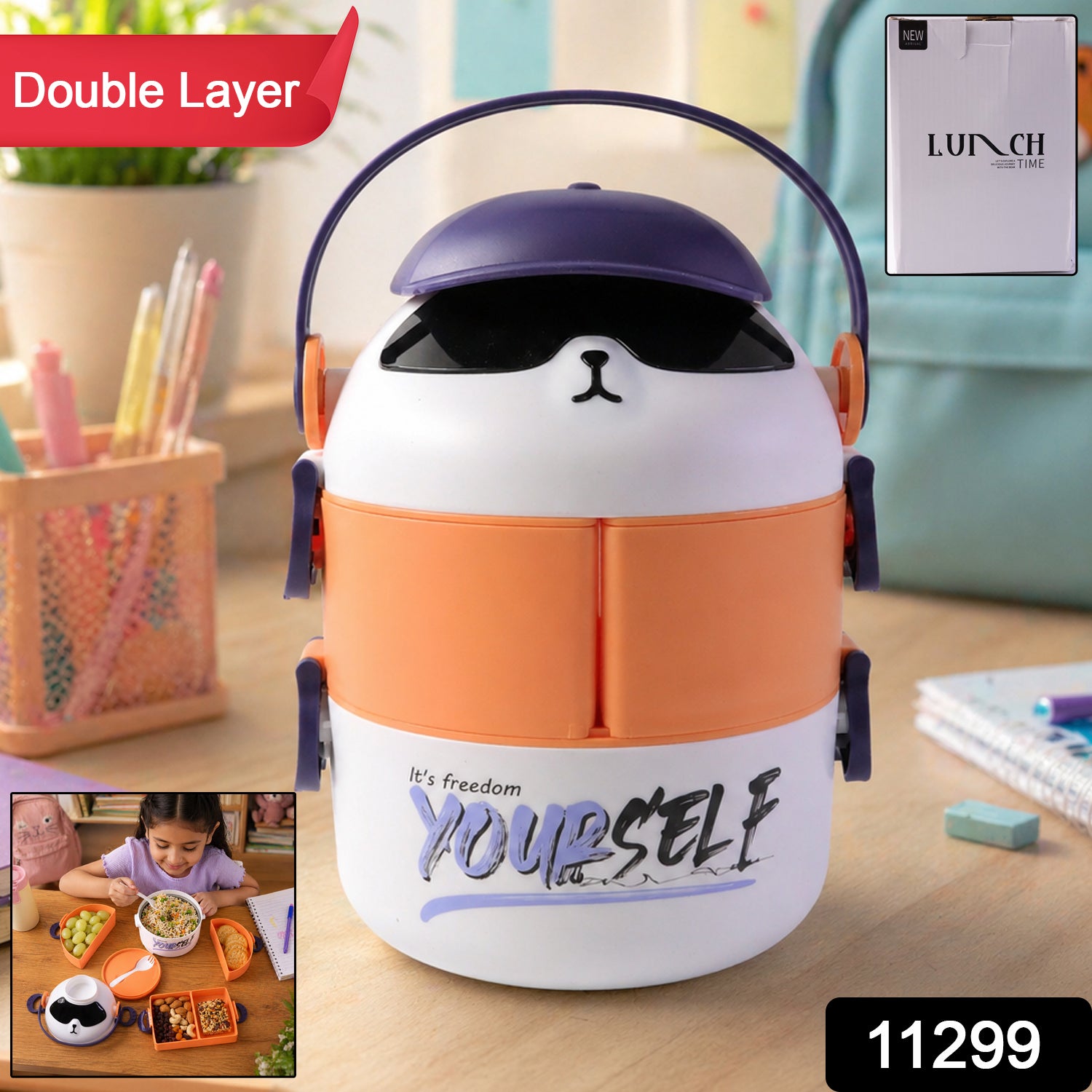Cute cartoon double layer lunch box by Wukusy with colorful design, featuring two compartments for easy meal storage.