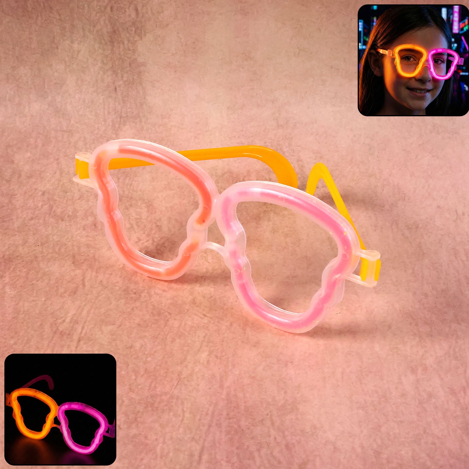 Glow party glasses for kids and adults by Wukusy, featuring bright, colorful illuminated frames for fun celebrations.