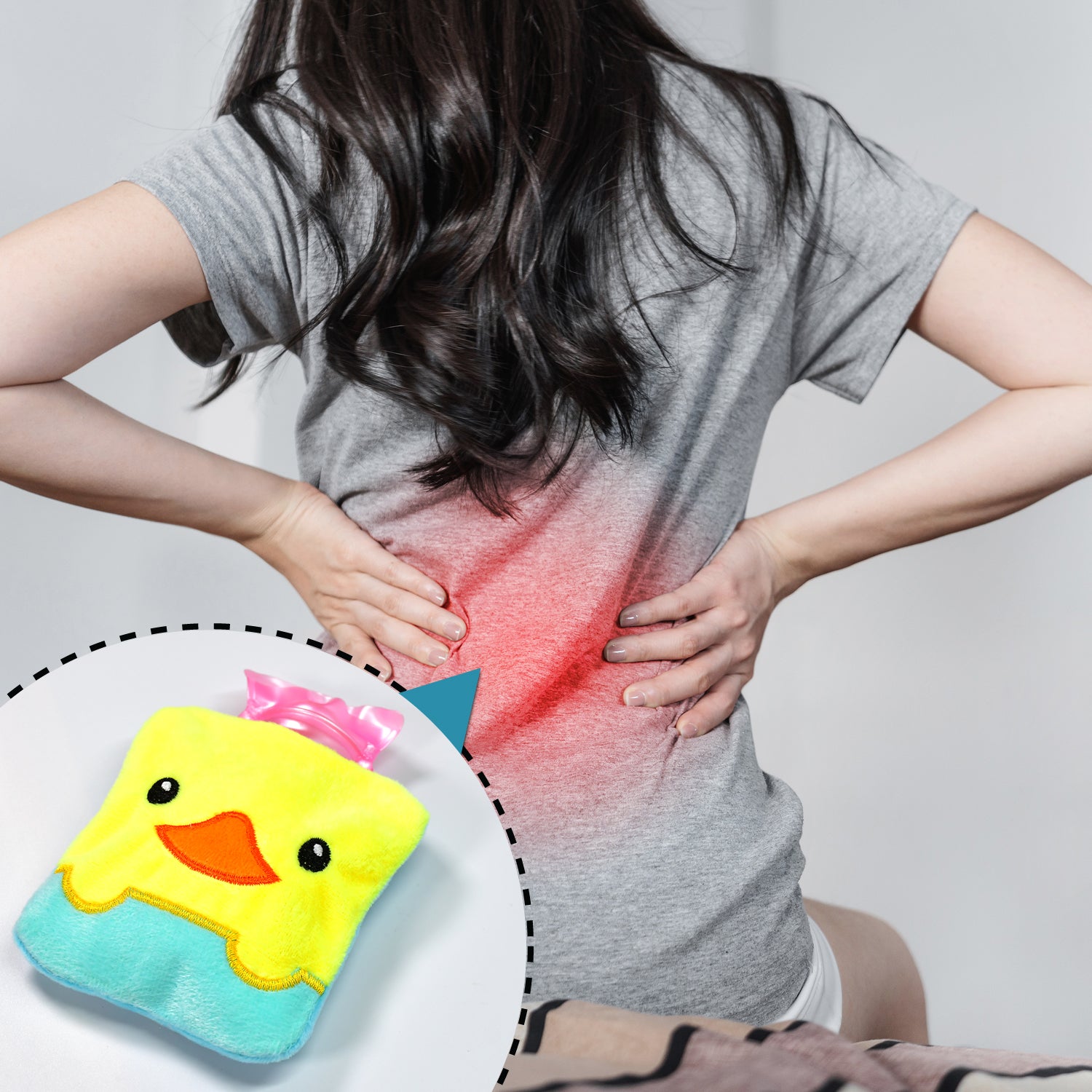 Yellow duck design small hot water bag with cover by Wukusy, used for pain relief, neck, shoulder, hand, feet warmth, and menstrual cramps.
