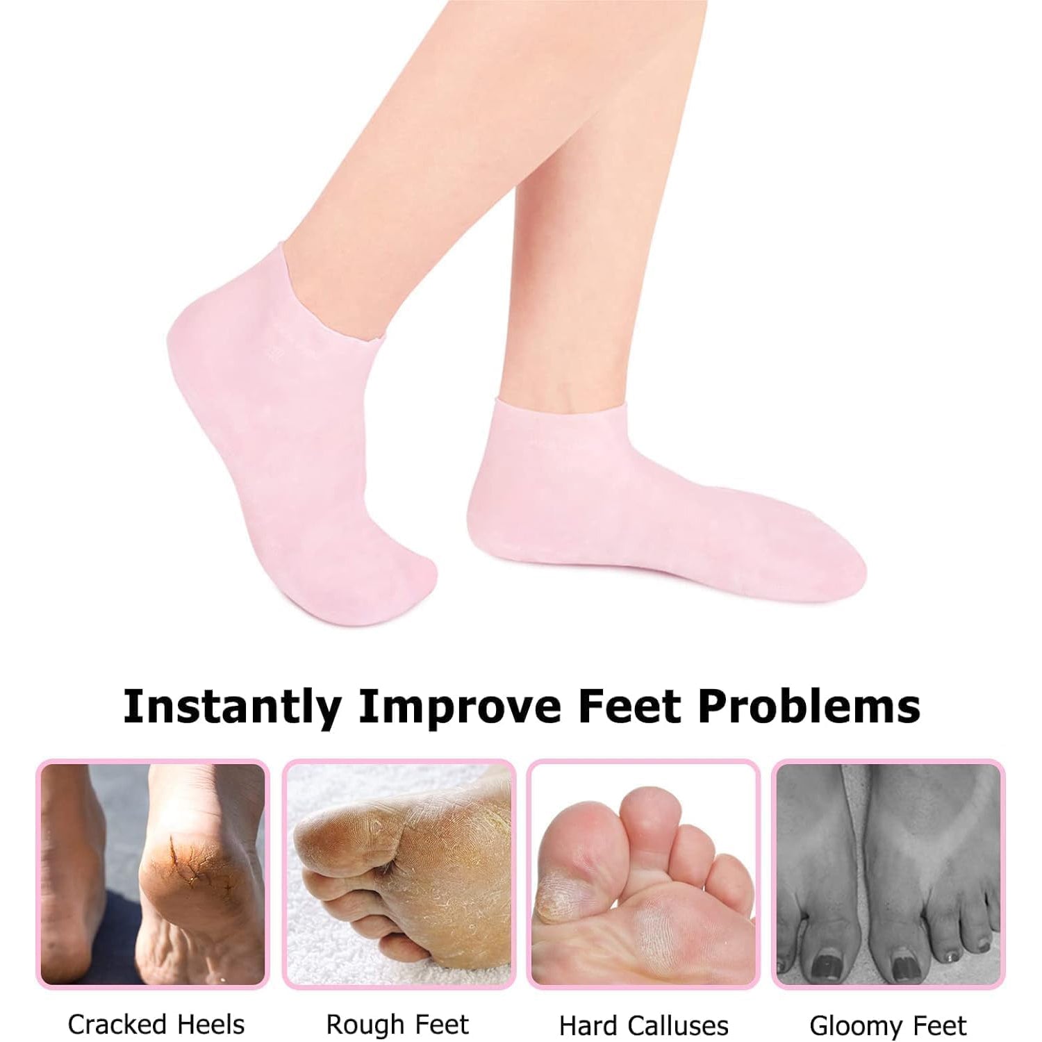 Pair of Wukusy silicone moisturizing socks for hydration and softening of feet, shown on a person's feet.