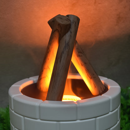 Wukusy bonfire-shaped essential oil diffuser with flame design, multifunctional office diffuser showing warm light and mist output.
