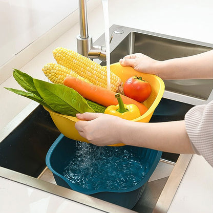 Wukusy plastic kitchen bowl with built-in strainer and drainer basket for washing and rinsing food in home kitchen use