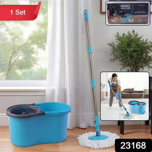 Wukusy 360 degree spin mop bucket set with adjustable stainless steel handle, featuring a mop and bucket for easy cleaning.