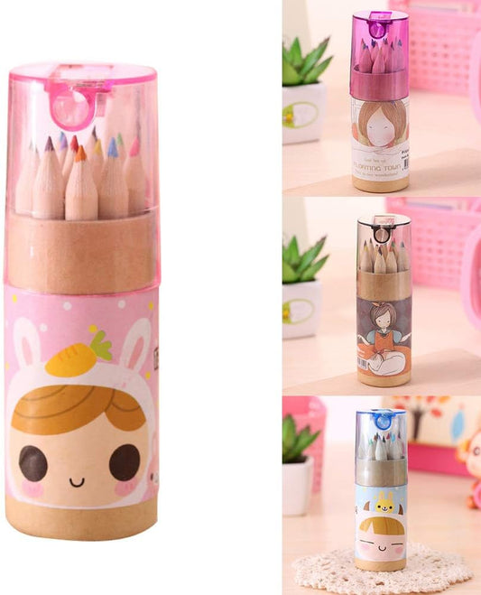 Set of 12 colorful children's coloring pencils from Wukusy, with mini sharpener and manual cutter for kids' drawing and art projects.