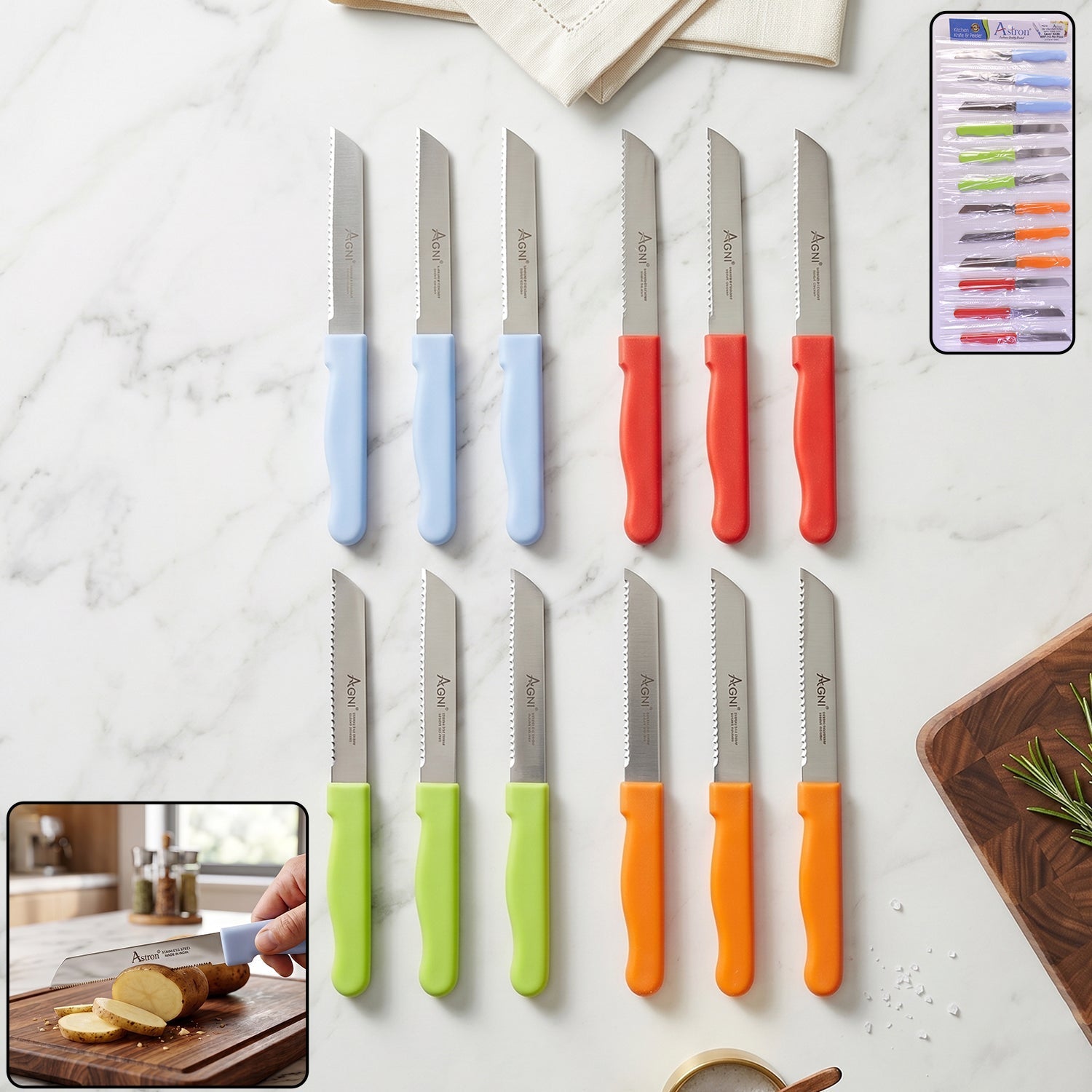 Wukusy 12-piece kitchen knife set with plastic handles and stainless steel blades for vegetables and fruits.
