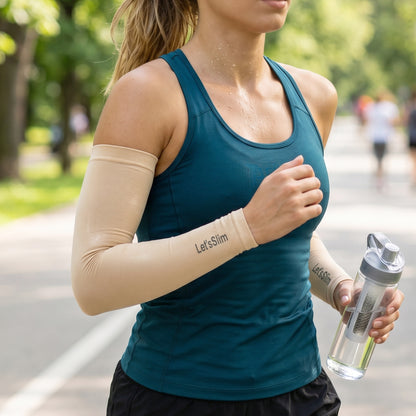 Pair of Wukusy UV sun protection cooling arm sleeves shown on a person's arms, designed for sun protection and cooling comfort.