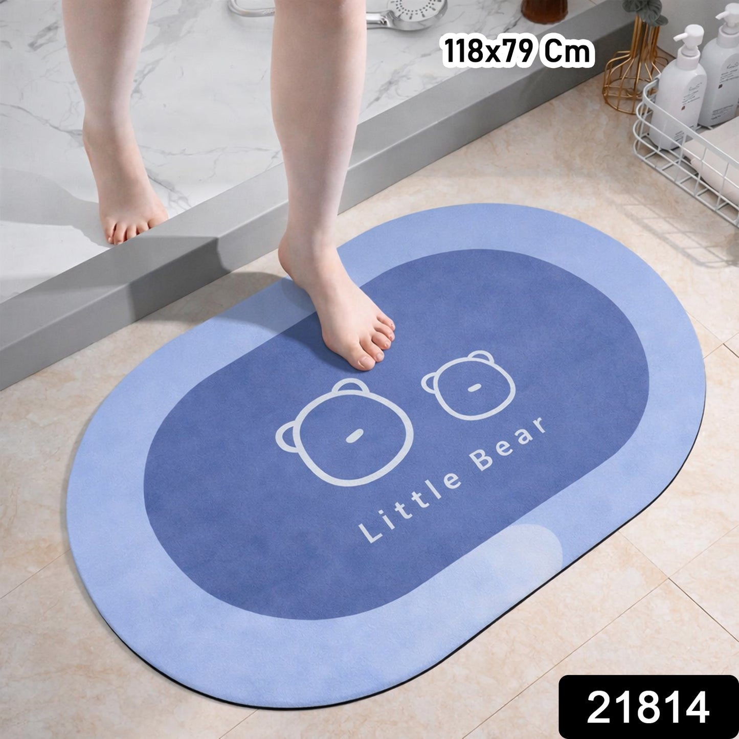 Soft, printed Little Bear bath mat by Wukusy with non-slip backing, measuring 118x79 cm, designed for safety and comfort in the bathroom.
