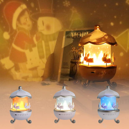 Wukusy Bunny's Carousel rotating LED night light as a charming home decor piece featuring a colorful bunny carousel design.