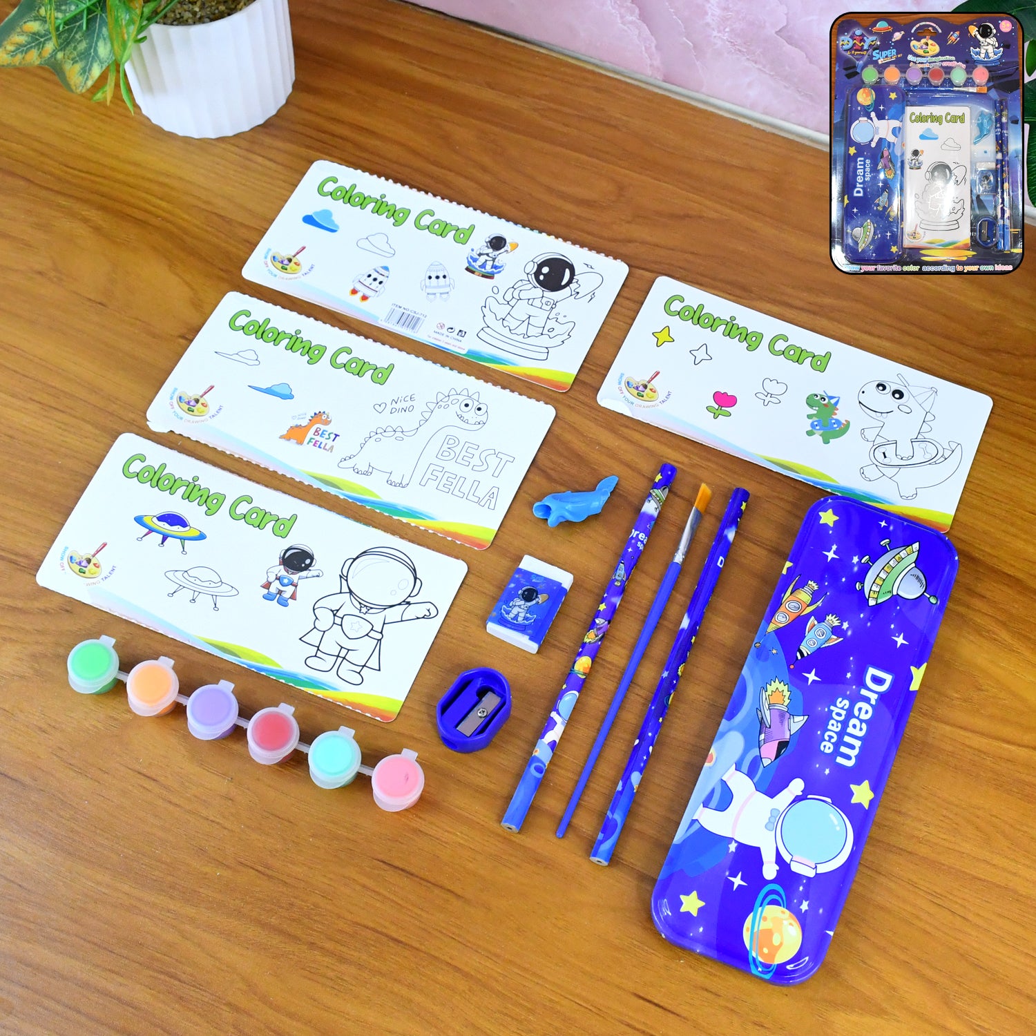 Colorful space-themed kids stationery set by Wukusy featuring planets, stars, and rockets on various writing and drawing supplies.