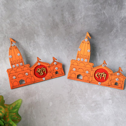Decorative wall sticker featuring Shubh Labh Ram Temple Mandir design, ideal for home decor, by Wukusy in a 2-piece set.