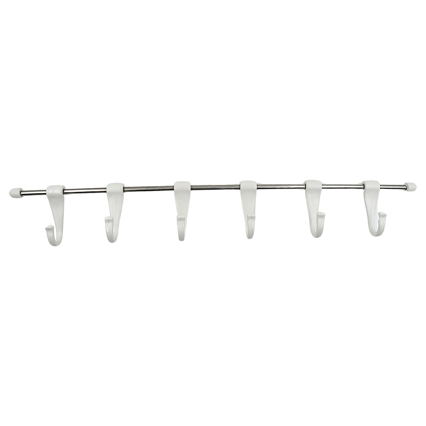 Wukusy stainless steel utensil hanger rail with 6 plastic hooks, wall-mounted, nail-free design with 2 magic stickers for kitchen organization.
