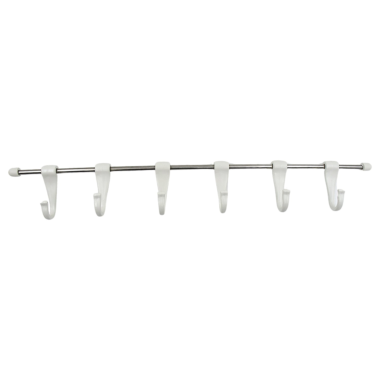 Wukusy stainless steel utensil hanger rail with 6 plastic hooks, wall-mounted, nail-free design with 2 magic stickers for kitchen organization.