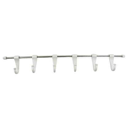 Wukusy stainless steel utensil hanger rail with 6 plastic hooks, wall-mounted, nail-free design with 2 magic stickers for kitchen organization.
