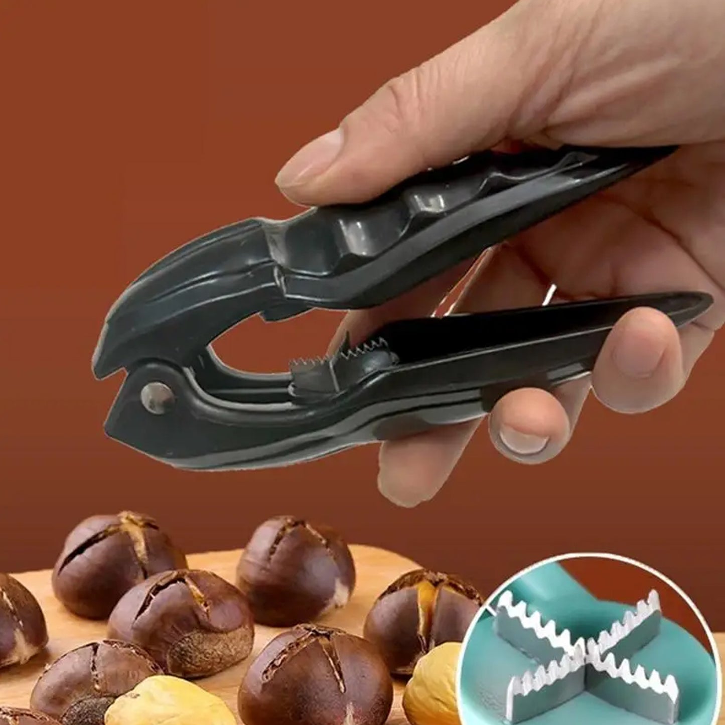Wukusy multipurpose walnuts and seafood cracker tool, kitchen utensil with textured grip for cracking shells, in a home kitchen setting