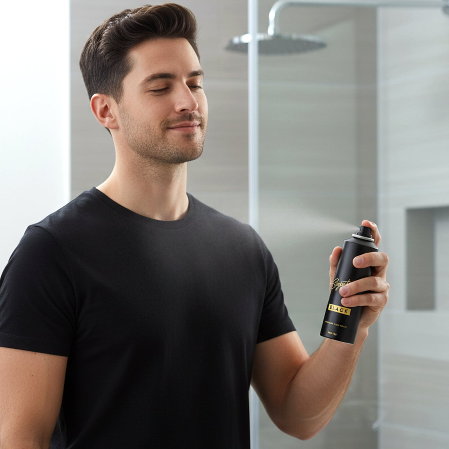 Wukusy Signature Premium Black fragrance body spray bottle, 200 ml, with sleek black packaging and spray nozzle.
