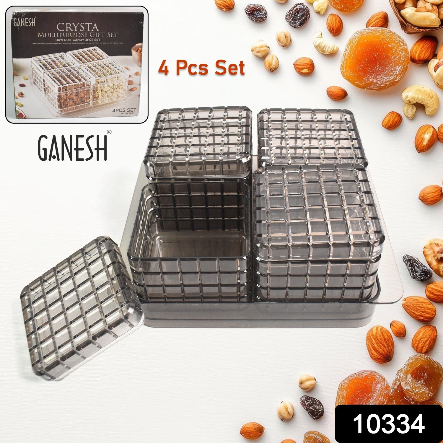 Wukusy Ganesh-themed multipurpose gift set with dry fruit and candy, includes 4 pieces with a tray, ideal for kitchen use.