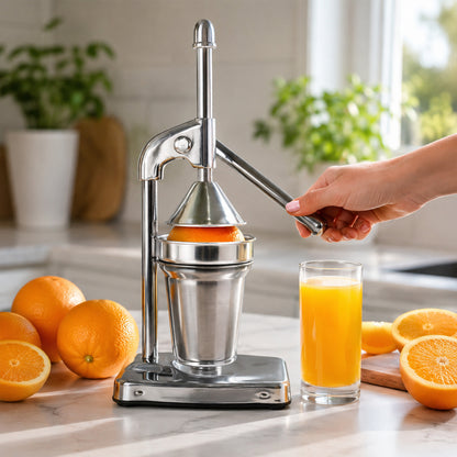 Wukusy heavy-duty manual citrus press juicer for lemons and oranges, with sturdy handle and stainless steel reamer.