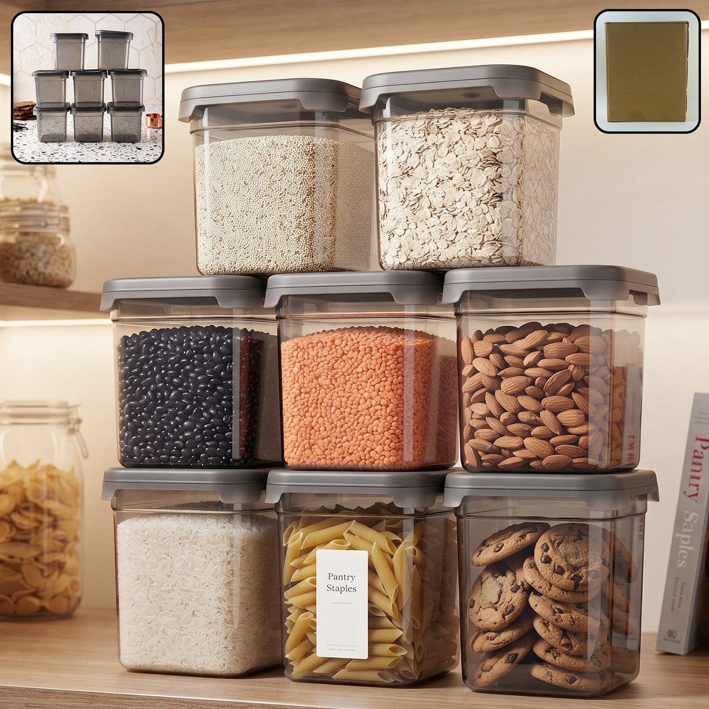 Eight Wukusy plastic food storage containers with 700ml capacity, airtight lids, ideal for pantry organization and food preservation.