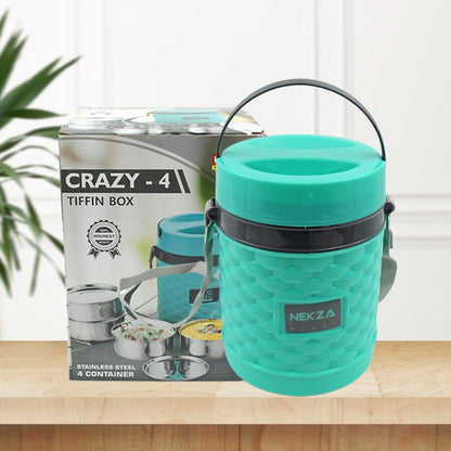 Wukusy 2364 double wall stainless steel tiffin lunch box with 4 compartments, handle, leakproof, BPA-free, stackable for office and home