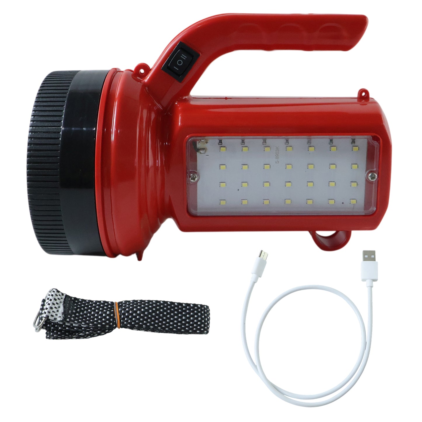 Wukusy Omega 200W high power LED laser torch light with side emergency light panel, shown with focused beam and ergonomic handle.
