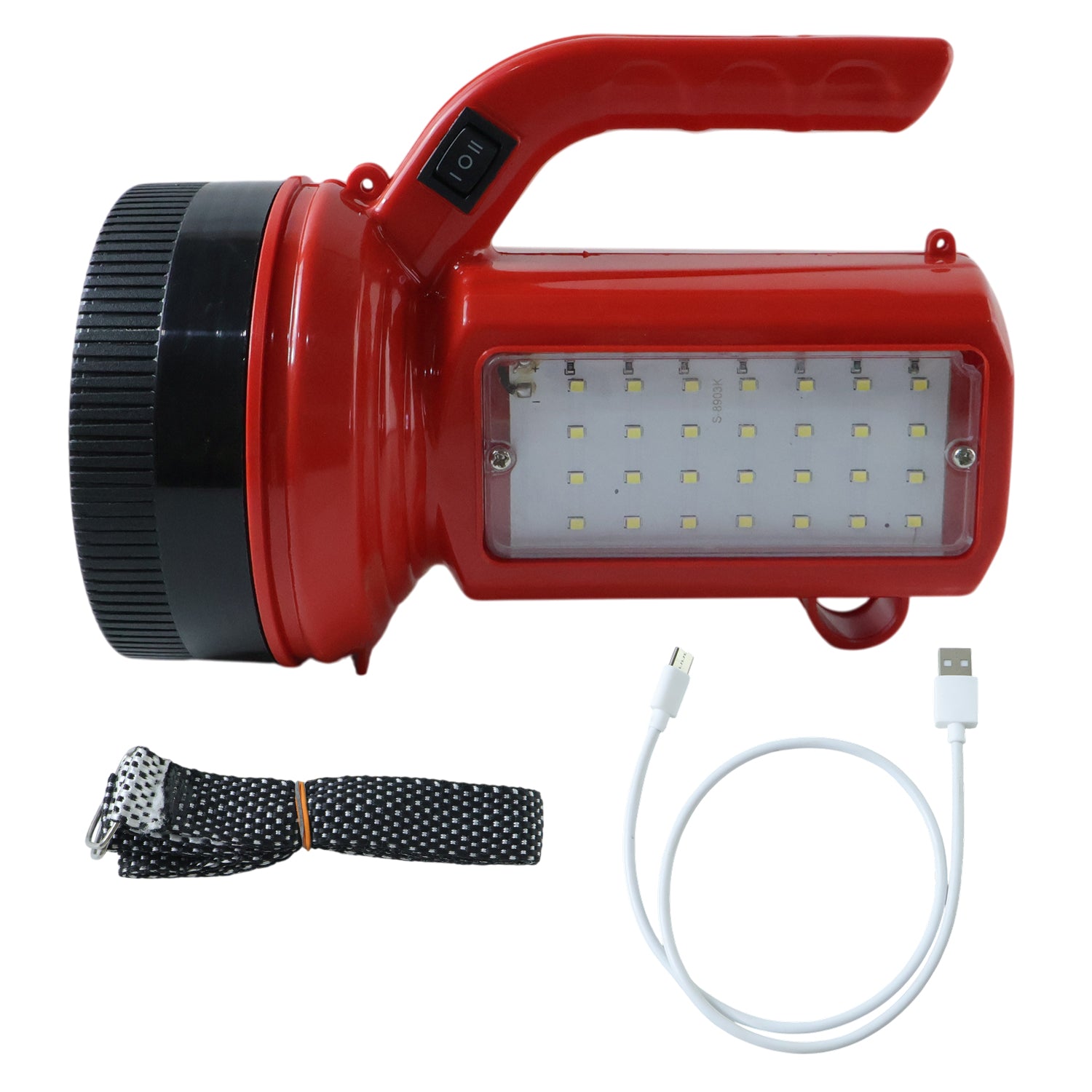Wukusy Omega 200W high power LED laser torch light with side emergency light panel, shown with focused beam and ergonomic handle.